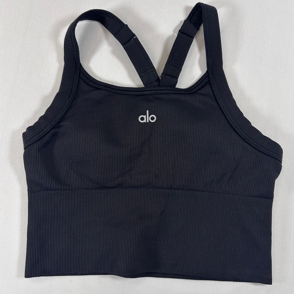 Alo Yoga Wellness Bra Womens XS Black Ribbed Seamless Racerback Sports Bra